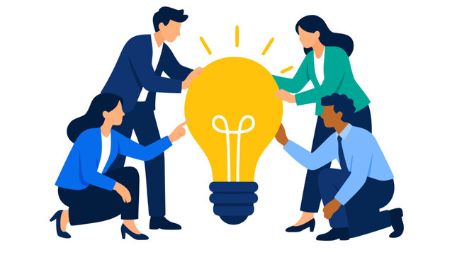 Diverse business team collaborating around a giant glowing lightbulb, bold flat vector illustration representing shared creativity, innovation, brainstorming, leadership, and corporate teamwork