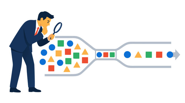 Focused businessman examining a workflow pipeline with a narrow bottleneck restricting shapes, illustrating process analysis, operational efficiency, business optimization, and problem solving on
