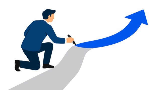 Businessman kneeling beside a winding path while drawing a dramatic blue turning-point arrow, representing strategic change, redirection, transformation, leadership, planning, and new opportunities