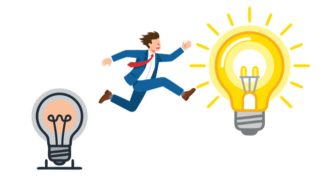 Excited businessman leaping from a dim old lightbulb toward a brilliantly glowing new bulb, bold flat vector concept of innovation, transformation, progress, creativity, and fresh ideas