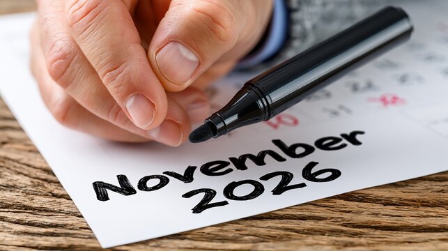 A hand circles the date november 2026 on a calendar with a black marker, signifying planning, scheduling, and future events with precision