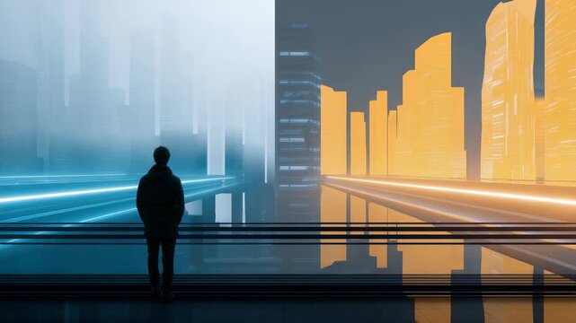 A lone figure stands on a futuristic bridge, gazing at a cityscape split into two contrasting atmospheres, one cool blue and the other warm orange. The scene evokes themes of choice and duality