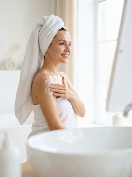 Woman applying moisturizer on shoulder after shower in bright bathroom, skincare routine concept