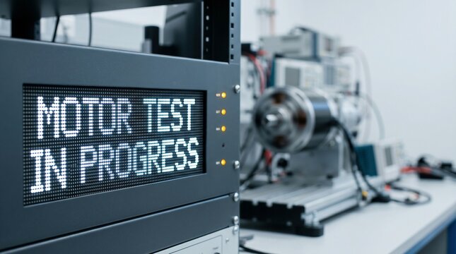 Motor test in progress display in engineering laboratory, industrial testing and quality control concept