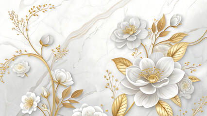 Abstract marble background with white flowers and gold branches
