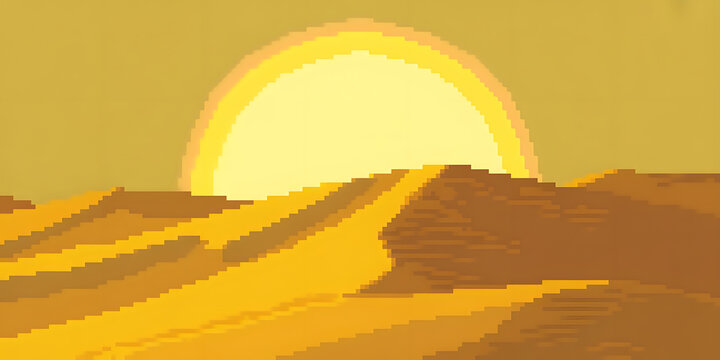 Pixel art desert landscape with golden sand dunes and large glowing sun at sunset or dawn.