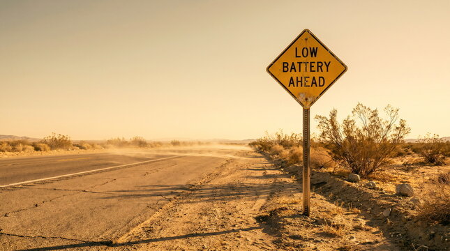 Low battery ahead warning sign on desert road, energy depletion and travel caution concept