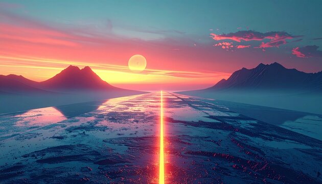 A glowing futuristic synthwave road stretches toward a vibrant sunset in a surreal scifi landscape. The digital art evokes freedom and an endless journey with nobody around.