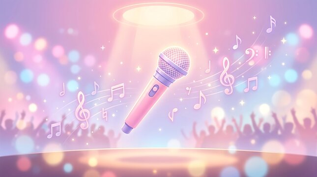 Pastel microphone floating on concert stage with glowing lights. Vibrant audio equipment levitating during live music performance.
