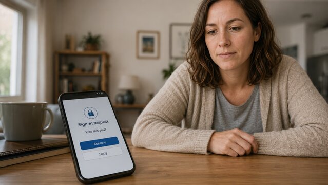 A woman sitting at a table, contemplating a sign-in request on her phone while enjoying a moment of reflection in a cozy home environment filled with plants and decor.