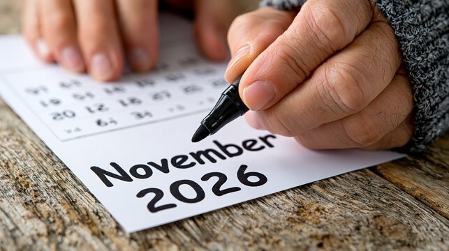 A hand circles the date november 2026 on a calendar page, marking a future appointment or important event with a black marker