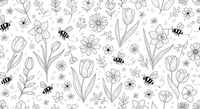 Seamless floral pattern with bees. Hand drawn botanical background with honeybee sketches.