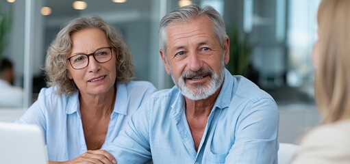 Obraz premium In a bright modern office, an elderly couple consults with a financial advisor about retirement plans.