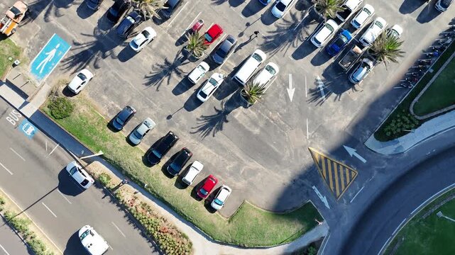Top down aerial drone footage flying over a coastal skatepark, palm tree parking area and urban streets in Punta del Este, Uruguay. 