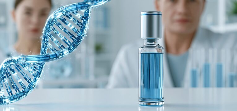 Blue glowing double helix alongside a skincare serum vial in a modern biotech lab setting.