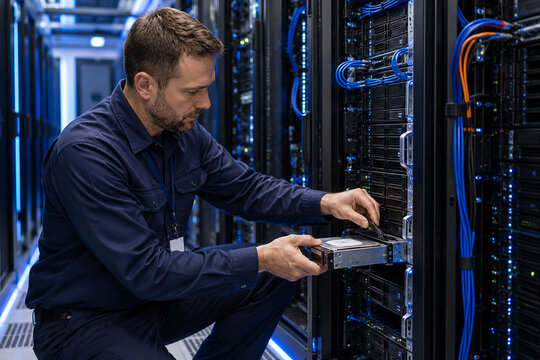 Data Center Technician Replacing Hard Drive in Server Rack