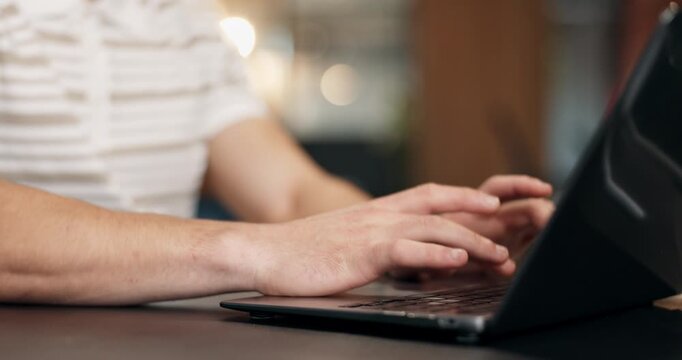 Creative, laptop and hands in office with typing, SEO research and pitch draft for campaign. Bokeh, man and marketing advisor with tech, advertising strategy and proposal edit for brand development.