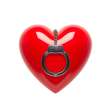 A shiny red heart shape with metal handcuffs attached to it, isolated on a black background