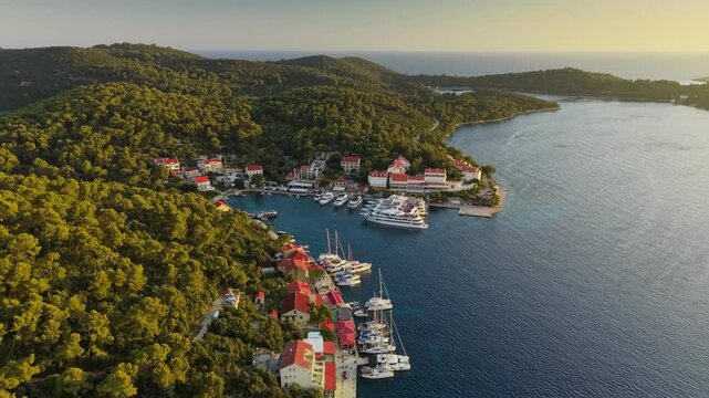 Aerial view of Pomena bay on Mljet island with sailing yachts, luxury boats docked in green Croatian harbor. Stunning sunset landscape of Pomena village on Mljet island, Croatia