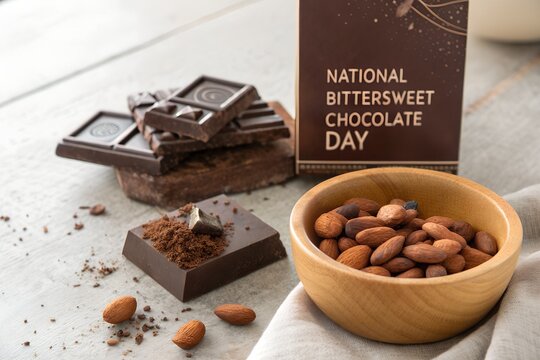 National bittersweet chocolate day concept with almond nuts and dark chocolate