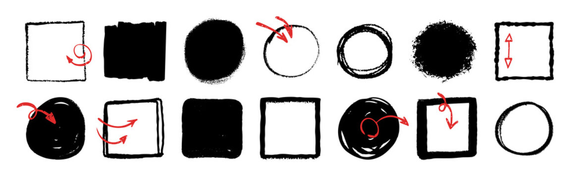 Fun hand drawn doodle elements with various techniques, isolated vector shapes.