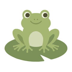 Fototapeta premium A cute green frog sitting calmly on a round lily pad is showcased in this delightful flat vector illustration, ideal for nature-themed projects, pond life concepts, and whimsical decorative art.