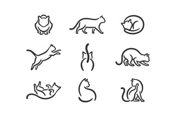 Fototapeta premium A collection of nine simple black line art cat icons illustrating different common feline postures on a white backdrop