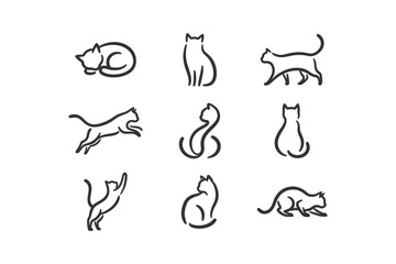 Obraz premium A collection of simple line art illustrations depicting cats in different poses, isolated on a white background