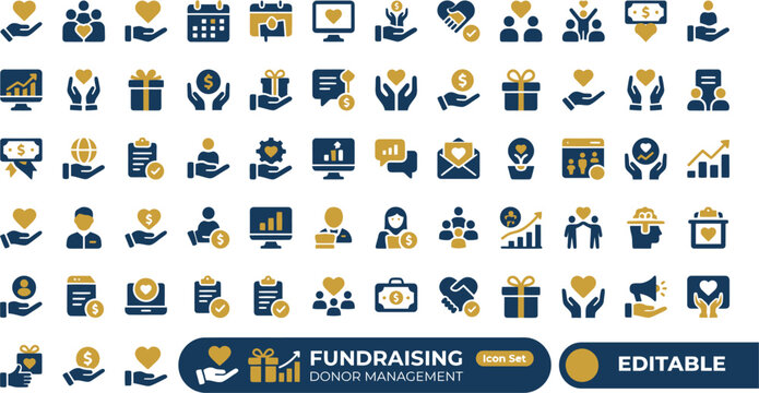 A collection of fundraising and donor management icons in blue and gold colors on a white background