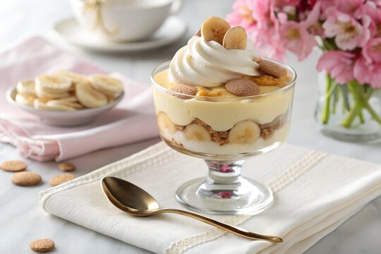 Creamy banana pudding dessert in glass cup with wafers and whipped cream