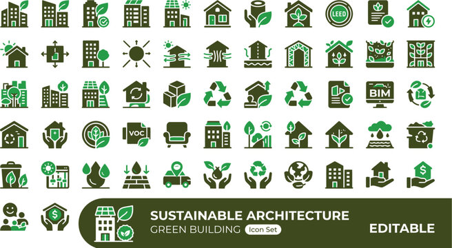 A collection of green icons representing sustainable architecture and eco-friendly building practices