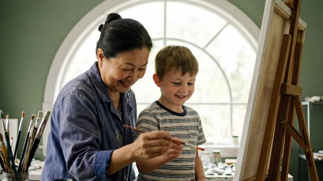 Older woman stands behind young boy and gently guides his hand while they paint together at easel, sharing focused creative moment in sunlit studio with smiles, warm natural light, supportive