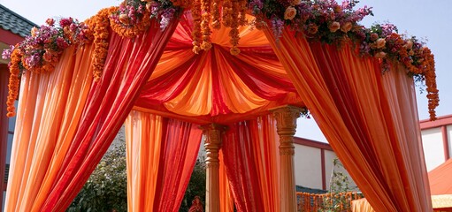Obraz premium A vibrant wedding canopy features colorful fabric drapes and floral garlands, highlighting rich cultural traditions.