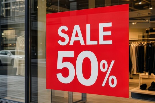 Red sale sign with fifty percent discount in clothing store window display, seasonal shopping and retail promotion concept
