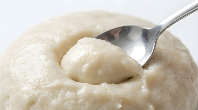 Fufu (spelled as foofoo or foufou as well) West African main course being scooped by a spoon. Rich in carbs and fiber content. Traditional food, Nigerian and Liberian cuisine, ethnic food ideas