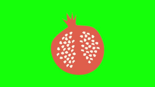 Half cut pomegranate fruit icon sign, isolated tropical red fruits on green screen. Animated fresh healthy raw food cartoon. Advertisement, illustration idea, organic and natural diet symbol.