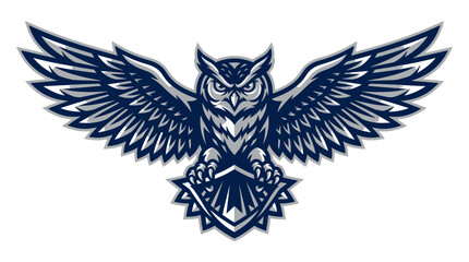 Fototapeta premium Majestic Owl Mascot Logo with Spread Wings in Navy Blue and White Vector Illustration