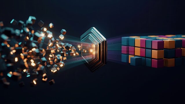 Hexagon prism filters a stream of chaotic debris into an organized block structure on a dark black background.