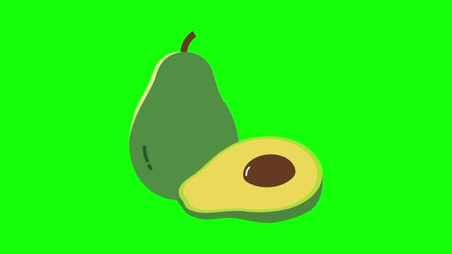 Avocado fruit icon sign, isolated green fruits on green screen. Animated fresh healthy raw food cartoon. Advertisement, illustration idea, organic and natural diet symbol. Element for video.