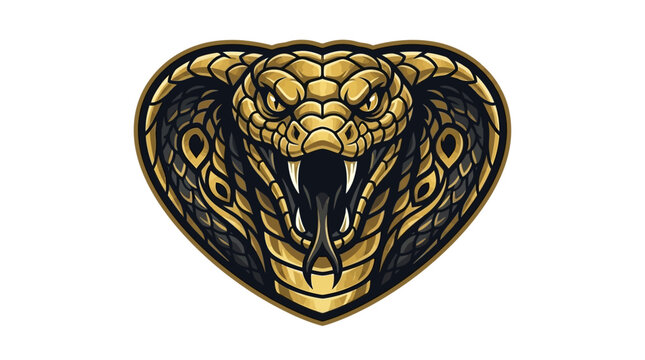 Striking golden cobra head illustration with menacing fangs, intricately designed within a heart-shaped emblem, symbolizing strength, danger, and primal power in a stylized wildlife motif