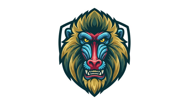Fierce mandrill baboon mascot logo illustration with shield background for gaming esports team