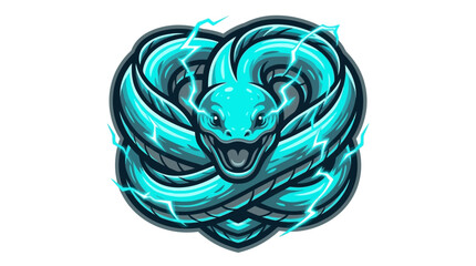 Dynamic coiled serpent illustration crackling with vivid lightning, symbolizing raw power, elemental energy, and a formidable presence in a striking blue and teal graphic art style © XsDax
