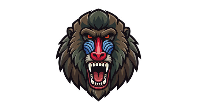 Fierce mandrill mascot logo with aggressive expression, sharp fangs and vibrant colors isolated on white