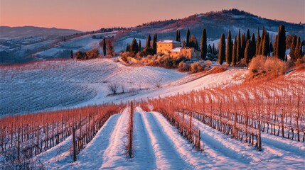 Fototapeta premium Serene snow-kissed vineyard landscape in the Italian countryside