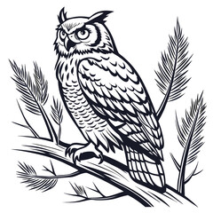 Great horned owl sitting on a tree branch black and white illustration