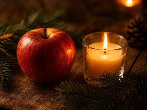Red apple and glowing candle on rustic wooden table with pine branches and cones, cozy warm Christmas holiday still life concept