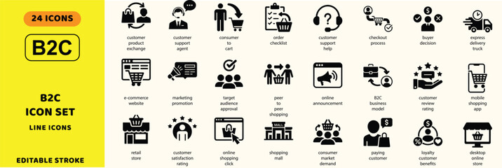 Obraz premium B2C vector icons. Business to consumer e-commerce retail vector signs set. B2C icon.