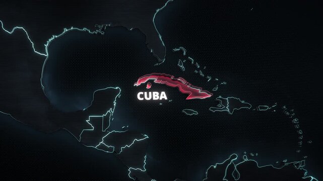 A 3d map animation highlights Cuba, Caribbean in glowing red, featuring bold typography and neon borders for a broadcast news graphic or geopolitical presentation background.
