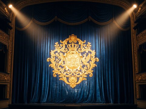 Grand theater auditorium stage featuring deep blue velvet fabric drapes adorned with an ornate golden royal emblem illuminated by bright beams of light creating a dramatic atmosphere for
