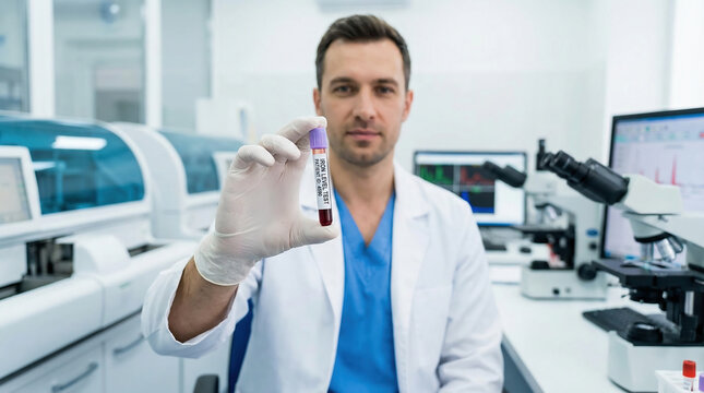 Professional laboratory scientist holding a blood sample tube for an iron level test in a modern clinical laboratory, highlighting medical diagnostics and preventive healthcare.